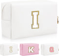 Personalized Initial Letter Patch Makeup Bag, Preppy Portable Chenille Letter Cosmetic Bag with Zipper, PU Leather Waterproof Travel Toiletry Bag Monogram Make Up Pouch for Women Girls(Letter I)
