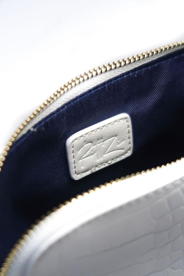 Snow Royale Crocodile Cosmetic Bag - Luxury White Vegan Leather Makeup Bag With Royal Blue Interior Lining