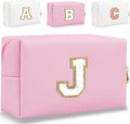Small Personalized Letter Makeup Bag, Cute PU Leather Chenille Letters Cosmetic Bag Travel Makeup Pouch, Preppy Travel Organizer Zipper Pouch for Women&Girls（Pink-J）