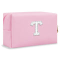ChaoGreat Bride Gifts – Personalized Initial Makeup Bag with Pearl Rhinestone Patch, Preppy Pink Monogram Cosmetic/Toiletry Pouch, bridesmaid Gifts, Bridal Shower Gifts, Wedding Gifts, Bridal Gifts,T