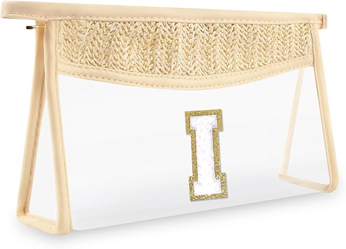 Personalized Initial Letter Bag Boho Straw Clear Makeup Bag,Small Cute Chenille Varsity Letter Pouch With Zipper,Beach Travel Toiletry,Portable Monogrammed Cosmetic Bag for Women Girls,I
