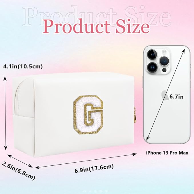 Small Personalized Letter Makeup Bag, Cute PU Leather Chenille Letters Cosmetic Bag Travel Makeup Pouch, Preppy Travel Organizer Zipper Pouch for Women&Girls（White-G）