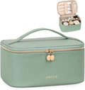 Prite Makeup Bag Portable Cosmetic Organizer with Brush Holder Waterproof Travel Toiletry Bag for Women with Handle and Divider (Green)