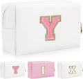 Personalized Initial Letter Patch Makeup Bag, Preppy Portable Chenille Letter Cosmetic Bag with Zipper, PU Leather Waterproof Travel Toiletry Bag Monogram Make Up Pouch for Women Girls(Letter Y)