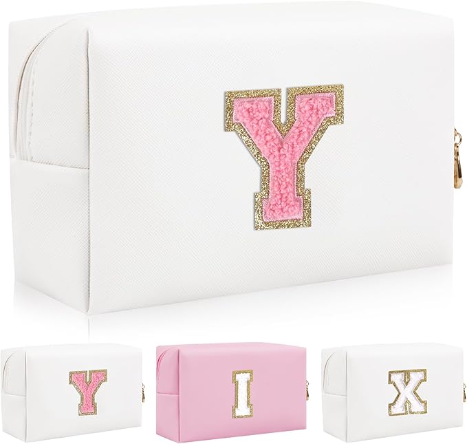 Personalized Initial Letter Patch Makeup Bag, Preppy Portable Chenille Letter Cosmetic Bag with Zipper, PU Leather Waterproof Travel Toiletry Bag Monogram Make Up Pouch for Women Girls(Letter Y)