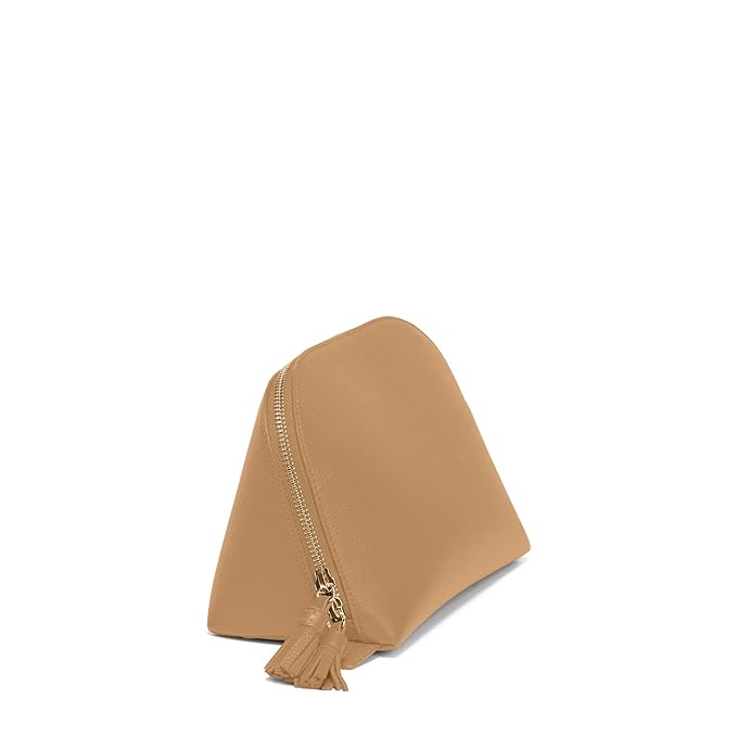 Leatherology Camel Clamshell Makeup Bag – Leather Cosmetic Bag with Waterproof Lining, Interior Zip Pocket & Double Tassel Zip Closure for Travel or Vanity Organization