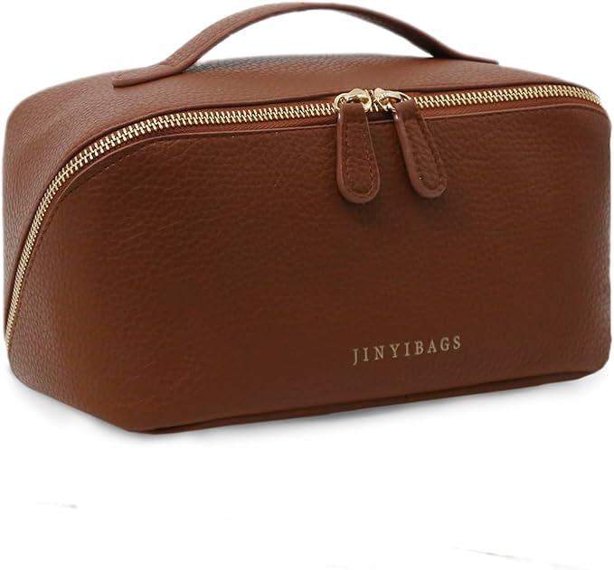 Travel Makeup Bag – Large Cosmetic Organizer with Waterproof PU Leather, Smooth Double Zipper & Tear-Resistant Lining, Toiletry Pouch for Women (Brown)