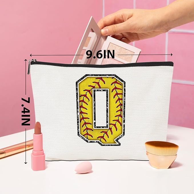 Softball Gifts Initial Makeup Bag Monogrammed Cosmetic Bag Letter Q Zipper Pouch Softball Accessories for Girls Women Softball Player Coach Friend Softball Stuff Graduation Birthday Gifts