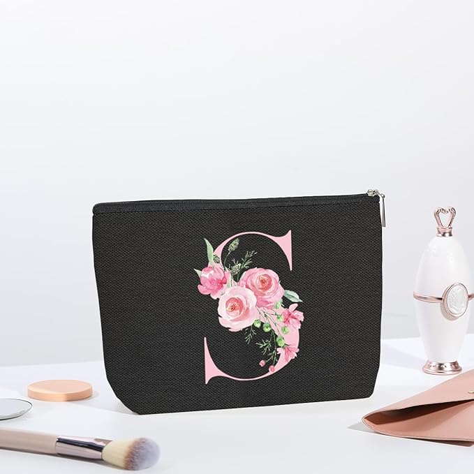 A-Z Personalized Cosmetic Bag Monogrammed Makeup Bags Bridesmaid Gifts Custom Toiletry Pouch Gifts for Women Mom Best Friend Sister Bride Bridesmaid (S)