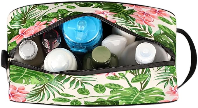 Tropical Leaf Flower Travel Toiletry Bag for Women Men Lightweight Cosmetic Makeup Bag Organizer Waterproof Shaving Bag Dopp Kit with Large Capacity for Toiletries and Shaving Accessories