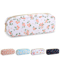 Waterproof Small Floral Pencil Case Makeup Bag for Purse,Cute Flower Pencil Pouch Preppy Nylon Makeup Brush Holder with Zipper,Girls Portable Storage Case Small Pen Bag for Work(Slim White-Flowers)