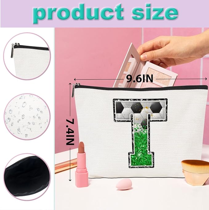 Soccer Gifts Initial Makeup Bag Monogrammed Cosmetic Bag Letter T Zipper Pouch Soccer Accessories for Girls Women Player Coach Friend Stuff Graduation Birthday Gifts