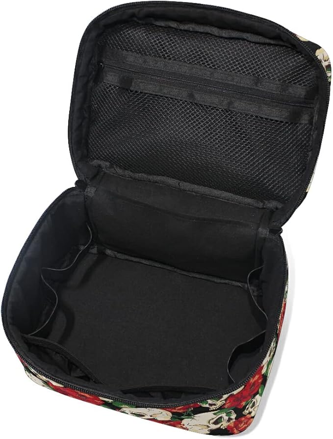 Skull Goth Makeup Bag, Gothic Skull and Flower Travel Makeup Organizer Bags Toiletry Bag Box Travel Cosmetic Bag Make Up Train Case for Women Teen Girl Ladies