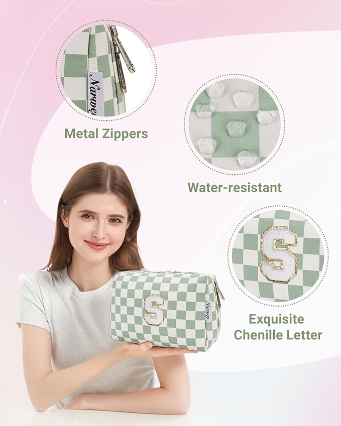Narwey Birthday Gifts for Teen Girls Women Personalized Initial Checkered Makeup Bag Preppy Cosmetic Bag Trendy Stuff 6 8 10 11 12 13 14 16 18 Years Old Travel Toiletry Bag (Green Letter S)