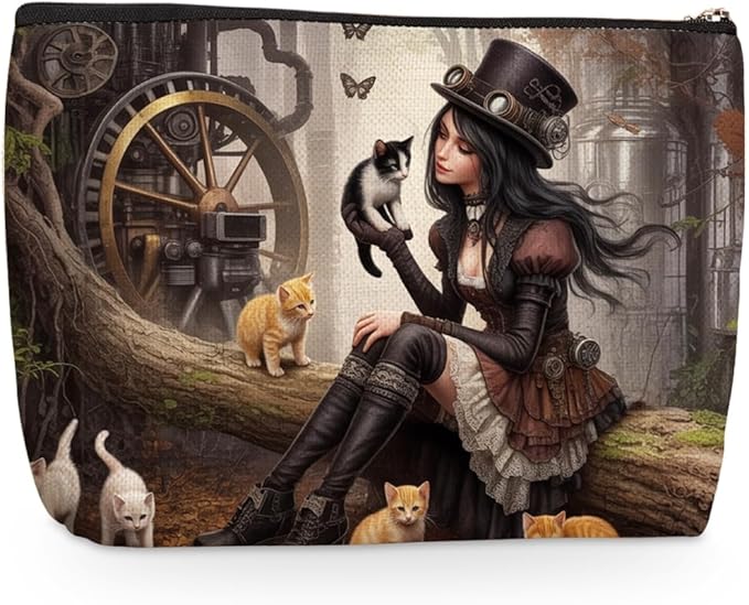 Steampunk Makeup Bag, Cat Lover Large Capacity Travel Makeup Case Cosmetic Bags for Women, Portable Pouch Purse Travel Essentials Toiletries Accessories, Christmas Birthday Gifts for Women