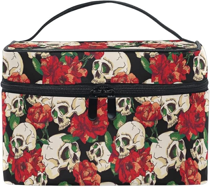 Skull Goth Makeup Bag, Gothic Skull and Flower Travel Makeup Organizer Bags Toiletry Bag Box Travel Cosmetic Bag Make Up Train Case for Women Teen Girl Ladies