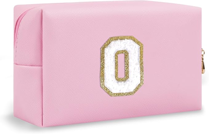 Small Initial Preppy Makeup Bag, Personalized Pink Cute Cosmetic Zipper Pouch Toiletry Bags for Traveling, Waterproof Chenille Letter Makeup Case Organizer Travel Essentials for Women Female(Letter O)