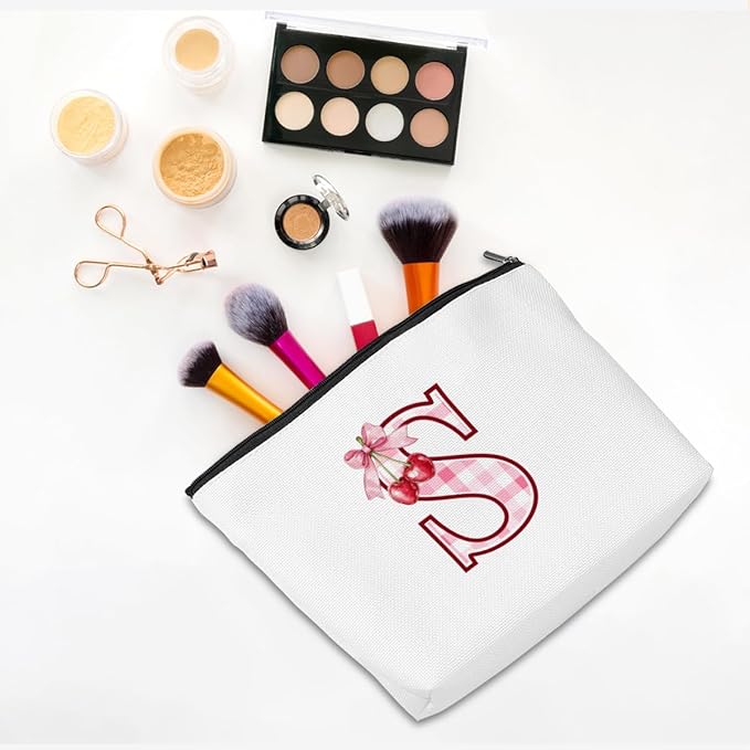 Initial Makeup Bag Monogram Cosmetic Bag Monogrammed Gifts for Women Girls Friends Coworker Colleague Personalized Travel Toiletry Bag Christmas Bridal Shower Wedding Bridesmaid Gifts, Cherry S