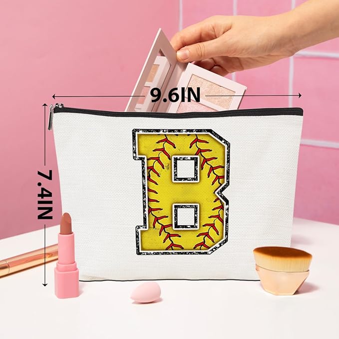 Softball Gifts Initial Monogrammed Cosmetic Bag Letter B Zipper Pouch for Girls Women Softball Player Coach Wife Graduation Birthday Gifts