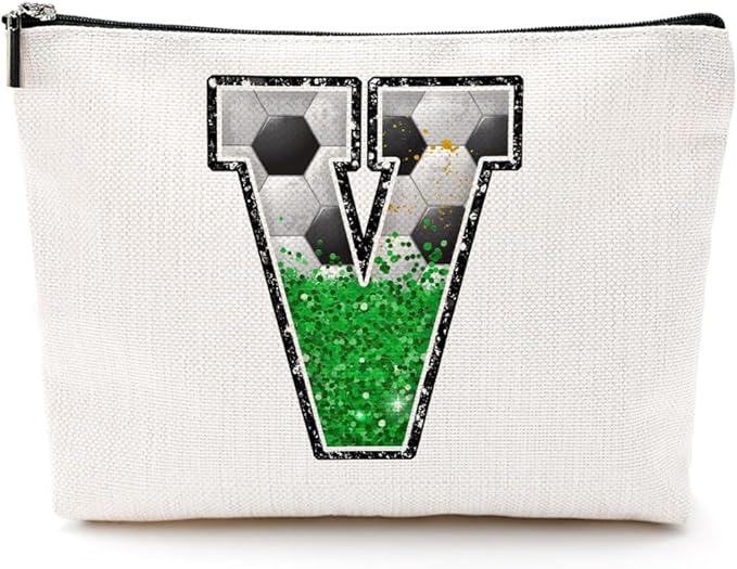 Soccer Gifts Initial Makeup Bag Monogrammed Cosmetic Bag Letter V Zipper Pouch Soccer Accessories for Girls Women Soccer Player Coach Friend Soccer Stuff Graduation Birthday Gifts