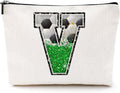 Soccer Gifts Initial Makeup Bag Monogrammed Cosmetic Bag Letter V Zipper Pouch Soccer Accessories for Girls Women Soccer Player Coach Friend Soccer Stuff Graduation Birthday Gifts