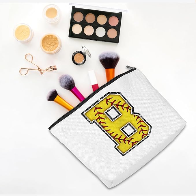 Softball Gifts Initial Monogrammed Cosmetic Bag Letter B Zipper Pouch for Girls Women Softball Player Coach Wife Graduation Birthday Gifts