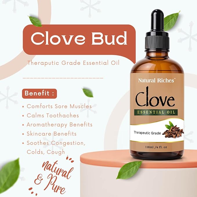 Natural Riches Pure Clove Essential Oil 4 Fl Oz, Therapeutic Grade for Tooth Ache Soothes Sore Muscles Clove Bud Oil Essential Oil for Teeth, Gums, Toothache, Skin Use and Hair Care.