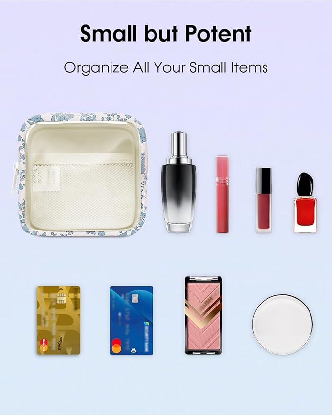 Wandering Nature Clear Makeup Bag for Purse Mini Make up Bag Cute Cosmetic Pouch for Women with Slip-in Pockets Travel Toiletry Essentials Organizer Pouch,Blue Flower