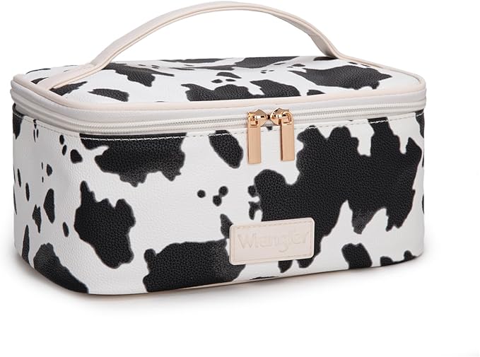 Montana West X Wrangler Travel Makeup Bag 2pcs Set Large Cosmetic Bag with Makeup Brush Holder Portable Make Up Organizer Cute Toiletry Bag with Divider and Handle for Women Cow Brown