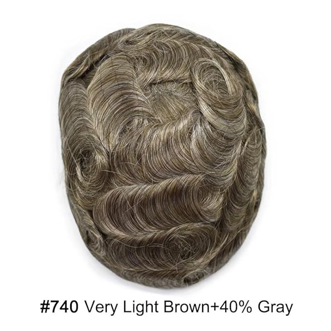 FACE MIRACLE Hair System for Men French Lace Mens Toupee Human Hair Replacement System Lace with PU Toupee for Men Male Hair Piece Wigs 6"X8" #740 7# VERY LIGHT BROWN WITH 40% SYNTHETIC GREY