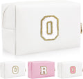 Personalized Initial Letter Patch Makeup Bag, Preppy Portable Chenille Letter Cosmetic Bag with Zipper, PU Leather Waterproof Travel Toiletry Bag Monogram Make Up Pouch for Women Girls(Letter O)
