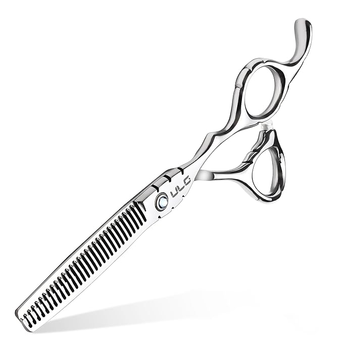 ULG Hair Thinning Scissors 6.7” Shark Series 100% Japanese Stainless Steel, Offset Handle, 30 V-Tooth Thinner 25% Hair Removal, Professional Barber Layering Shears for Salon & Home Hair Styling