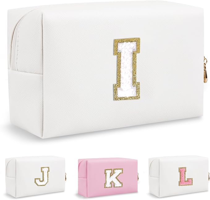 Personalized Small Travel Preppy Makeup Bag, Initial Cute Chenille Letter Cosmetic Organizer Toiletry Pouch, Waterproof Portable PU Monogram Makeup Case Gift for Women Girl Teacher Mom(Letter I)