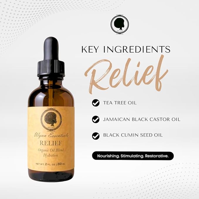 Relief Oil, Organic Scalp Treatment, Soothing Formula for Dry, Itchy, Dandruff-Prone Scalp with Almond, Jojoba, Avocado, Tea Tree and Black Castor Oil