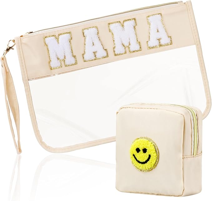 2 Pcs Preppy Patch Clear Mama Bag, Women Chenille Letter Makeup Cosmetic Bag for Travel, PVC Waterproof Organization Outdoor Zipper Pouch Toiletry Bag for Women Girl