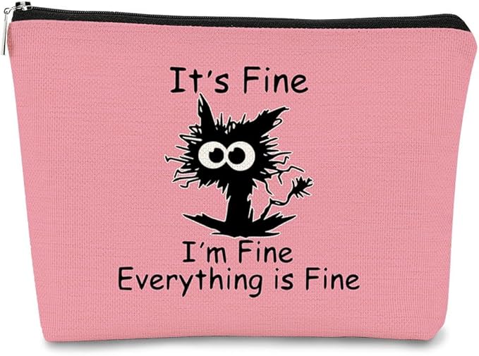 Cat Makeup bag It's Fine Everything is Fine Inspirational Funny Cat Kitten,Cosmetic Bag Zipper Travel Toiletry Bag， Gift Idea for Cat Lovers Teen Girls,Cat Owners Gifts,Birthday Gift(Pink)