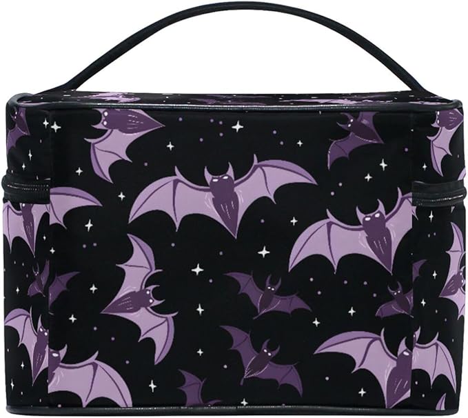 Makeup Train Case Halloween Purple Bats Carrying Portable Zip Travel Cosmetic Brush Bag Organizer Large for Women
