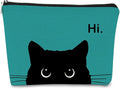 Cat Makeup Bag - Cute Cosmetic Pouch for Cat Lovers, Black Kitty Design, Hi Kitty Gift for Women (Bluish Blue, Beige)