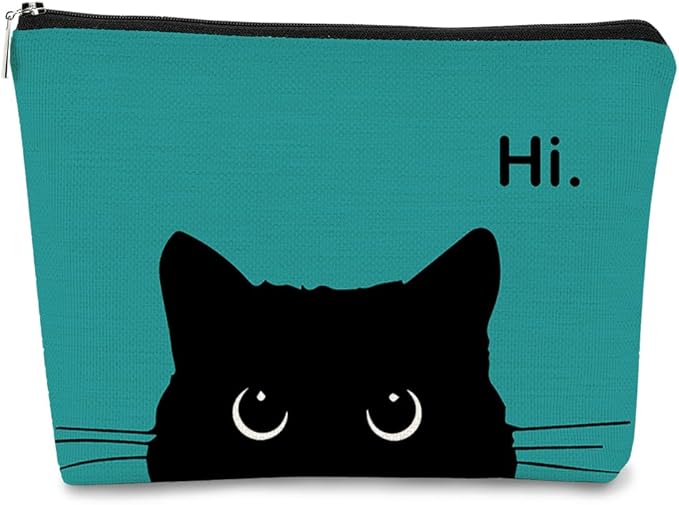 Cat Makeup Bag - Cute Cosmetic Pouch for Cat Lovers, Black Kitty Design, Hi Kitty Gift for Women (Bluish Blue, Beige)