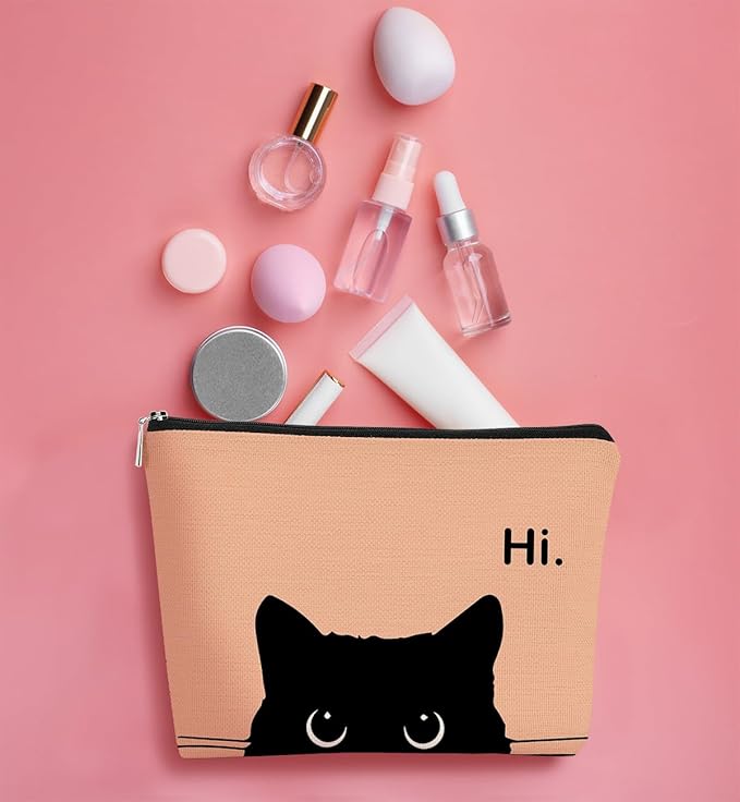 Cat Makeup Bag, Cute Makeup Bag, Cat Gifts for Cat Lovers Women, Black Cat Gifts, Hi Black Cat Kitty Cosmetic Bag, Cat Makeup Pouch, Cat Stuff for Cat Lovers (Camel-2)