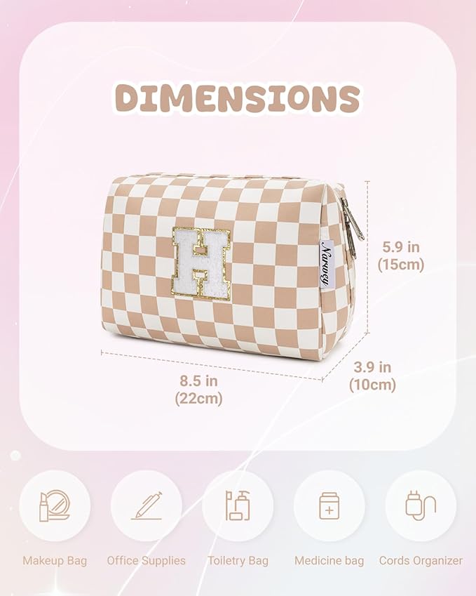 Narwey Birthday Gifts for Women Teen Girls Kids Personalized Initial Checkered Makeup Bag Cute Cosmetic Bag Trendy Stuff 6 8 10 11 12 13 14 16 18 Years Old Travel Toiletry Bag (Brown Letter H)
