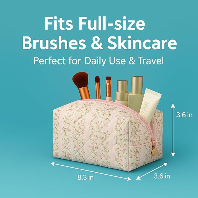 Floral Cotton Makeup Brush Cosmetic Bag for Women, Travel Quilted Zipper Pouch, Large Capacity Flowers Toiletry Organizer, Kawaii Makeup Storage Case, Cosmetic Travel Cloth Bag-Pink Floral