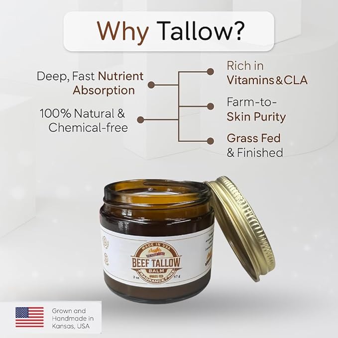 Beef Tallow Balm - 4 oz - Organic Grass Fed and Finished Tallow - Moisturizing Skin Care Tea Tree