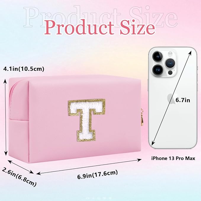 Small Personalized Letter Makeup Bag, Cute PU Leather Chenille Letters Cosmetic Bag Travel Makeup Pouch, Preppy Travel Organizer Zipper Pouch for Women&Girls（Pink-T）