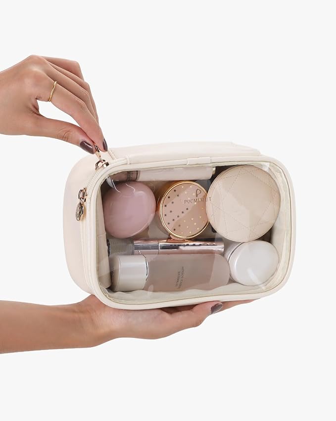 Pocmimut Clear Makeup Bags,Small Makeup Pouch with Large Cosmetic Bag Toiletry Bag Car Accessories Storage for Women,Travel Essentials Organizers,Beige