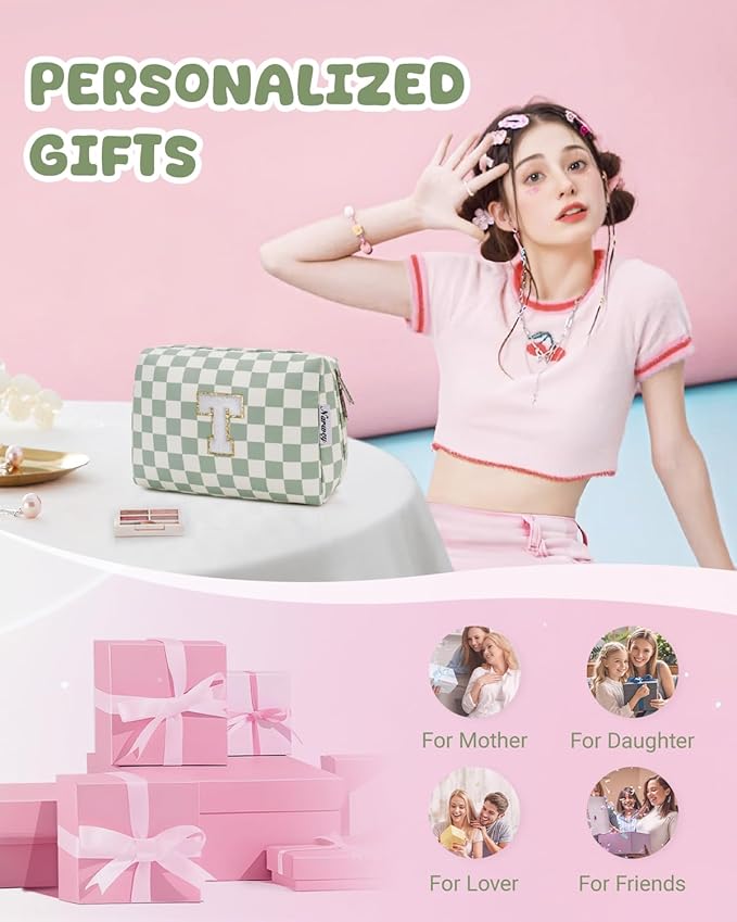 Narwey Birthday Gifts for Teen Girls Women Personalized Initial Checkered Makeup Bag Preppy Cosmetic Bag Trendy Stuff 6 8 10 11 12 13 14 16 18 Years Old Travel Toiletry Bag (Green Letter T)