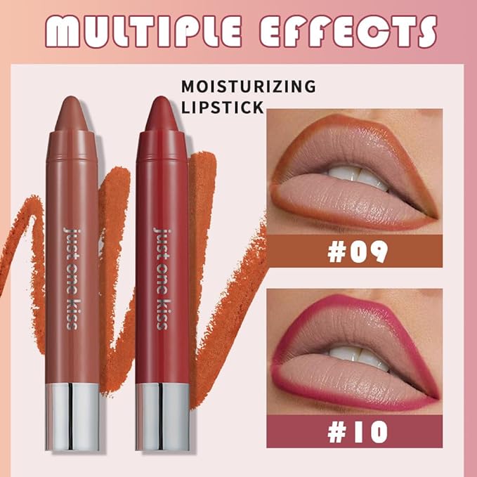2Pcs Coral & Rose Red Hydrating Cream Lipsticks Lip Crayon for Women, Moisturing Lipstick Longwear Lip Liner Crayon Set for Ombre Shades, Matte Creamy Lips Stick Natural Nourishing Lips Balm Set, E