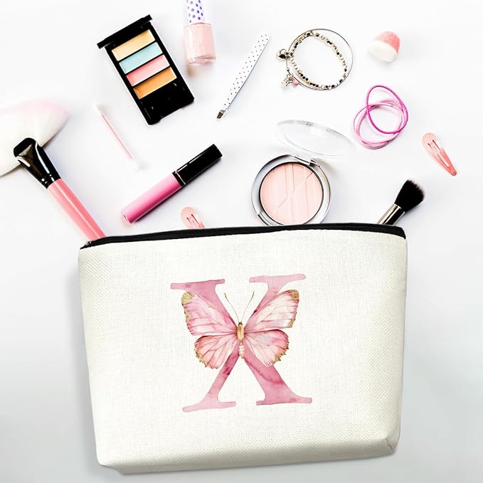 Initial Makeup Bag Pink Butterfly X Personalized Cosmetic Bag Monogrammed Gifts for Women Girls Her Bridesmaid Monogram Zipper Pouch for Friendship Mothers Day Birthday Wedding Bridal Shower Gifts