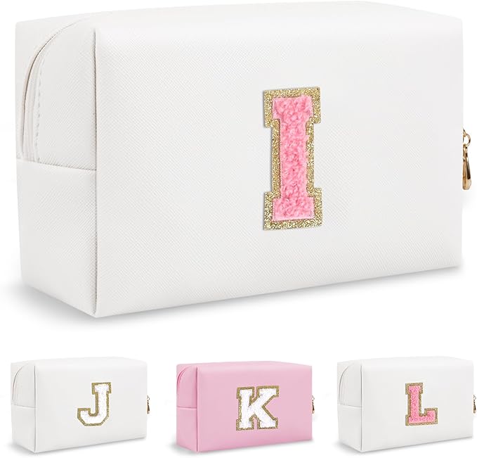 Personalized Small Travel Preppy Makeup Bag, Initial Cute Chenille Letter Cosmetic Organizer Toiletry Pouch, Waterproof Portable PU Monogram Make Up Case Preppy Stuff for Women Friends(Letter I)
