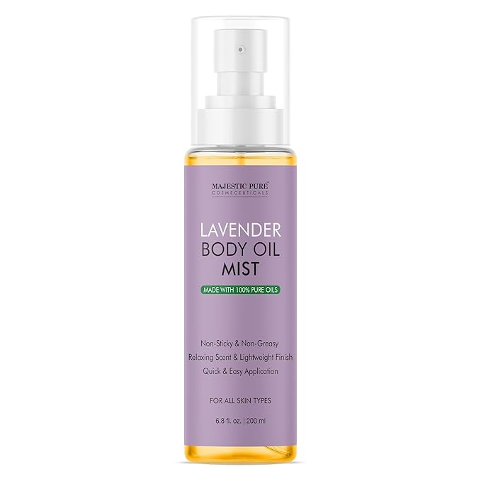 Majestic Pure Lavender Oil Body Mist- 100% Pure & Natural - After Shower Body Oils for Women and Men - Scented, Radiant, Skin Therapy Firming Massage Oil - 6.8 Fl Oz